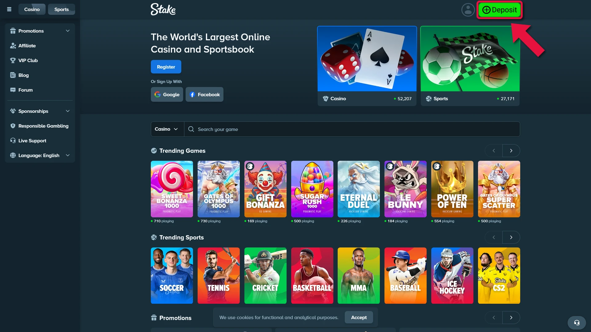 Make your first deposit and start betting on e-sports at Stake.